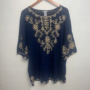 Maggie Barnes Catherines Top Womens Size 0X Blue Applique Ribbon Dolman Sleeve